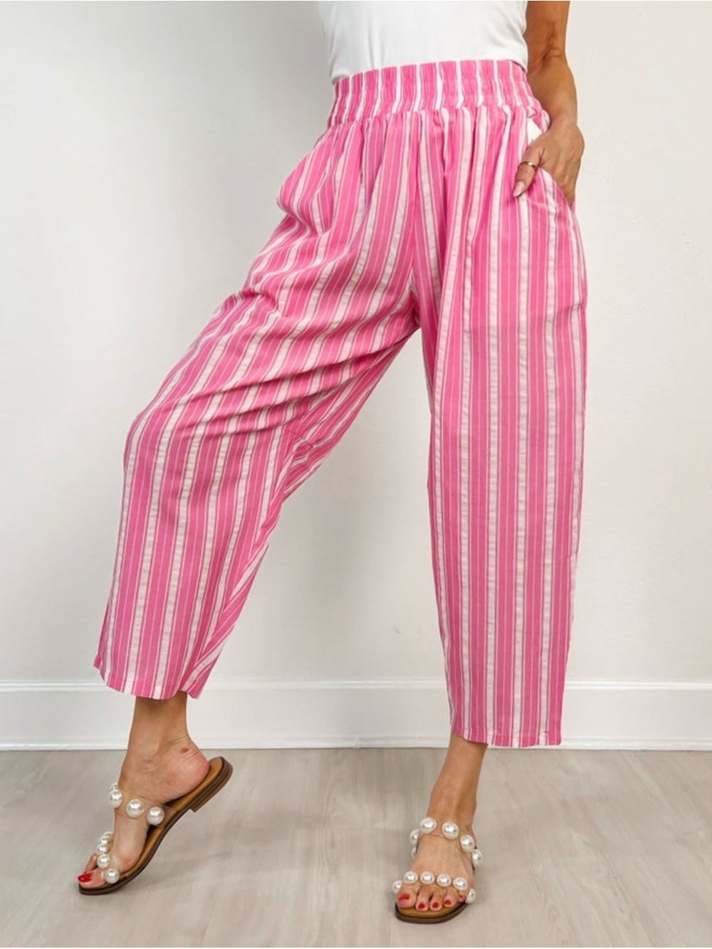 Pink Striped Cropped Pull-On Wide-Leg Pants 2XL